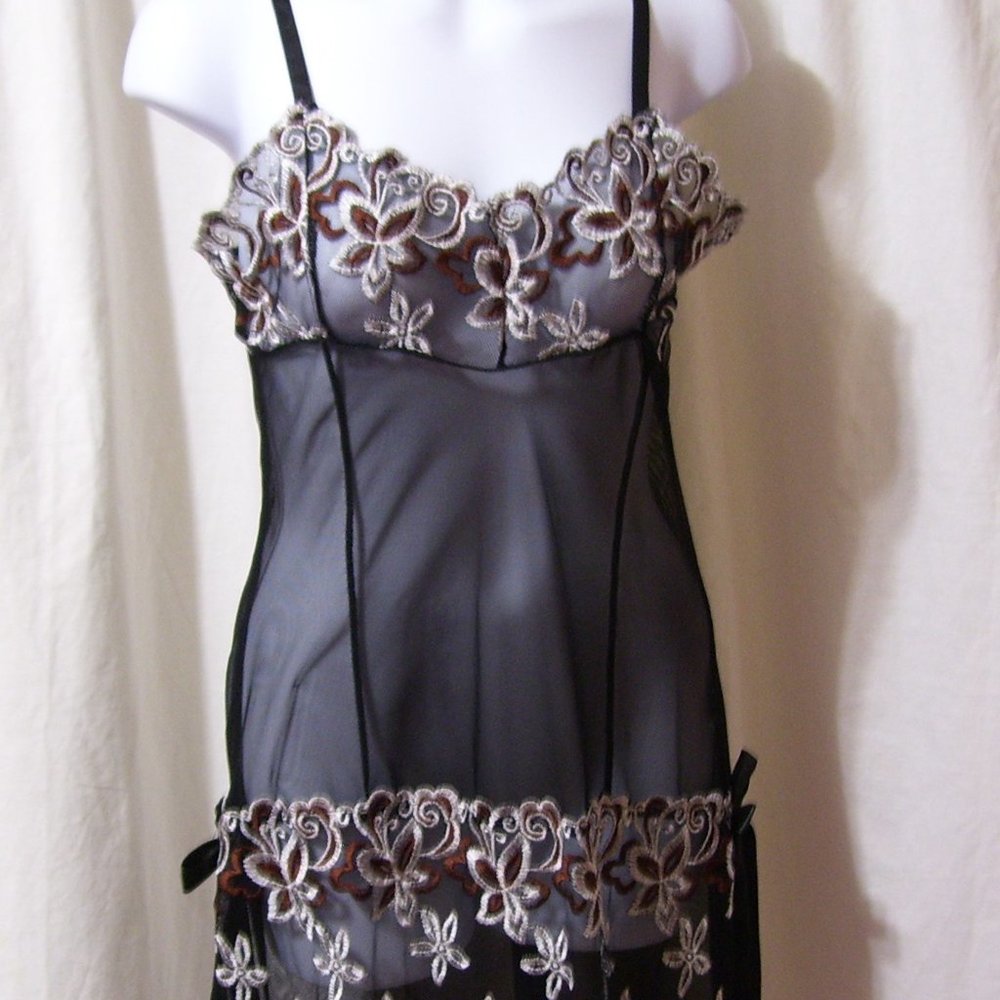 Black Sheer Nightgown, Embroidered, Super Sexy Stretch Net Size M